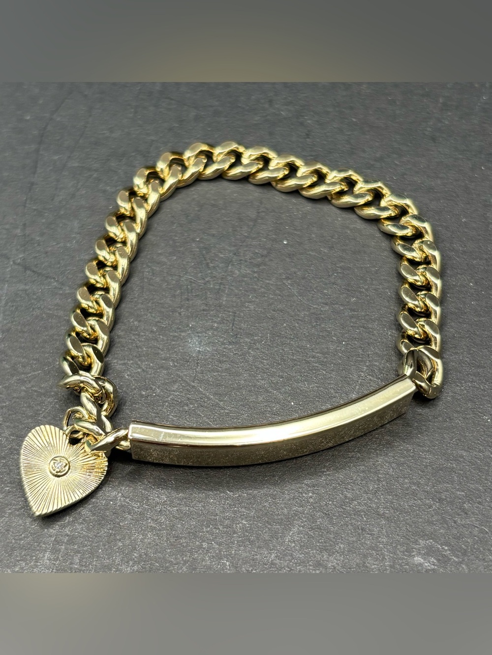 Vintage Speidel USA Gold Tone Engravable ID Bracelet Heart Rhinestone Charm 7”